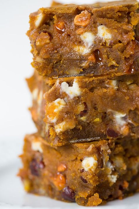 Pumpkin Blondies | tablefortwoblog.com Pumpkin Blondies, Pumpkin Eater, Cake Mug, Table For Two, Pumpkin Treat, Pumpkin Flavor, Pumpkin Dessert, How Sweet Eats, Fall Desserts