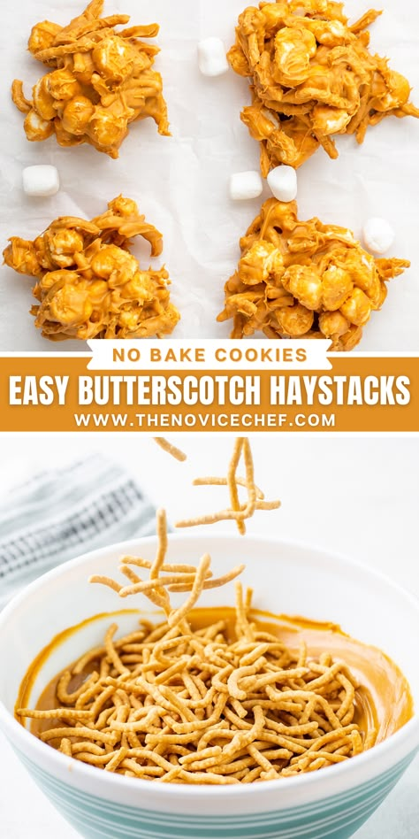 Easy Butterscotch Haystacks are a fun no-bake cookie recipe, made with crispy chow mein noodles, marshmallows, melted butterscotch candies, and peanut butter. Quick and festive! Carmel Haystack, Butterscotch Haystacks No Peanut Butter, Marshmallow Haystacks Recipe, Hey Stacks Cookies, Peanut Butter Butterscotch Haystacks, Butterscotch Haystacks With Marshmallows, Haystack Cookies With Marshmallows, Candy Haystacks Chow Mein, Caramel Haystacks Recipe