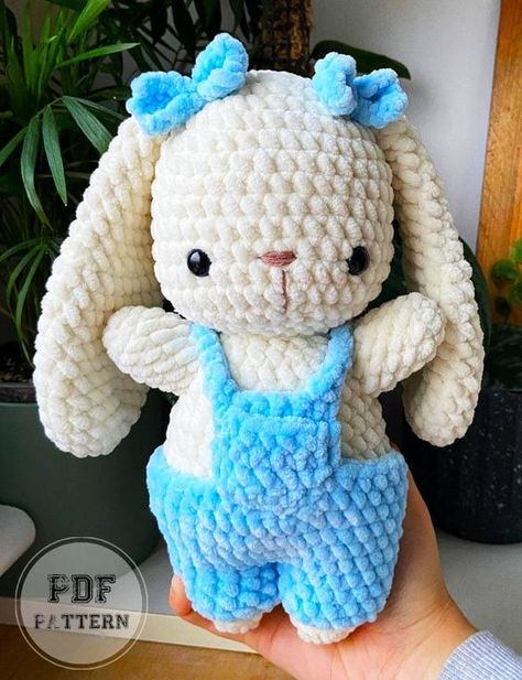 Crochet Bunny in Overalls PDF Pattern #minicrochetanimals #cutecrochetpatterns #crochetanimals #amigurumianimals #amigurumidoll Bunny In Overalls Crochet, Crochet Bunny In Overalls Free Pattern, Crochet Overalls For Stuffed Animals, Crochet Bunny With Overalls, Overalls Crochet Pattern, Mini Crochet Animals, Crochet Stuffed Animals, Crochet Patterns Baby Boy, Crochet Project Free