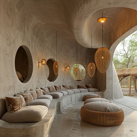 Wellness Retreat 🌞💧 Located in the serene expanse of Northern Kenya, this wellness retreat spa is designed as a peaceful escape in the heart of Turkana's arid landscapes. The circular openings along the facade symbolize the holistic journey of wellness, while the earthy concrete structure provides a cooling shelter from the desert sun. A tranquil water feature meanders through the space, creating a calming oasis that invites relaxation and reflection. The organic forms blend seamlessly with ... Wellness Retreat Aesthetic, Wellness Lounge, Wellness Center Design, Future Vision, Wellness Retreat, Desert Sun, Dream Land, Spa Decor, Salon Ideas