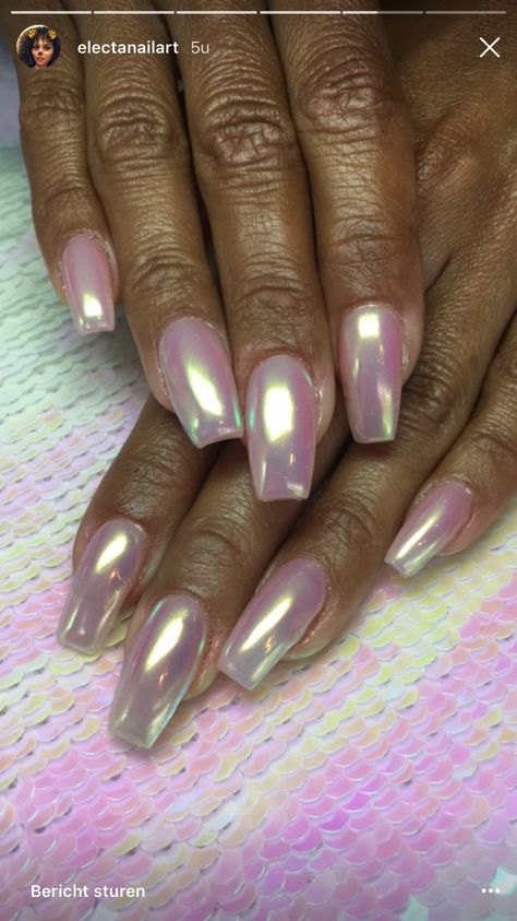 Opal Valentines Nails, Iridescent Dip Powder Nails, Square Acrylic Nails Chrome, Irridescent Nails Acrylic Short, Iredesant Nails Pink, Chrome Nails With Glitter, Square Chrome Nails, Opalescent Nails, Pearlescent Nails