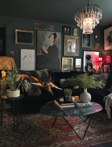 Nicola Broughton-"The Girl with the Green Sofa"Blog HomeCatherine Ashton's Dark and Moody Abigail Ahern Inspired Home Academia Room, Dark Living Rooms, Dark Home Decor, Dark And Moody, Dark Home, Dark Interiors, Maximalism, Decoration Inspiration, Eclectic Interior