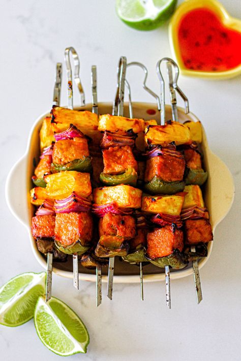 Hawaiian Style BBQ Pineapple Tofu Skewers Pineapple Tofu, Tofu Skewers, Bbq Pineapple, Pineapple Skewers, Tofu Feta, Pineapple Skewer, Hawaiian Bbq, Teriyaki Tofu, Bbq Skewers