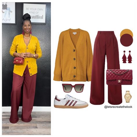 Burgundy Trousers - 10 Outfit Ideas 🐙 Here are 10 more colors that pair well with burgundy! Which is your favorite? As fall approaches it’s time to break out our sweaters. Instead of just pairing them with jeans, here’s a reminder that wide leg trousers are a more elevated option but just as comfortable! So for an elevated casual look, try pairing your sweaters with your trousers! You can still wear your sneakers with them! 😉 So save this post for style inspiration and look in your closet to... Mustard Pants Outfit, Wide Jeans Outfit, Burgundy Pants Outfit, Wine Pants, Wide Leg Trousers Outfit, Pant Outfits For Women, Pants Outfit Work, Burgundy Trousers, Mustard Pants