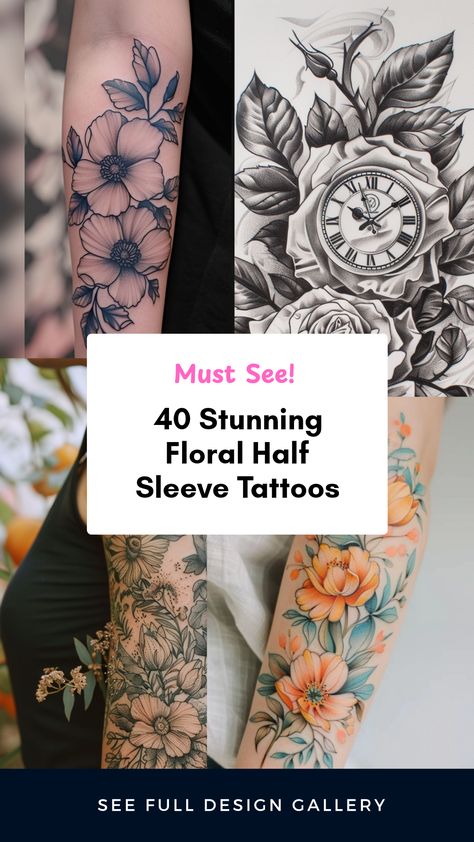 Explore 40 beautiful floral half sleeve tattoo designs, featuring fine line art and vibrant flower imagery. This pin showcases 4 different tattoos highlighting colorful flowers on forearms. Forearm Flower Tattoo Women Sleeve, Floral Sleeve Tattoo Color Realistic, Black And White Flower Tattoo Sleeve, Flower Upper Arm Tattoos For Women, Women’s Half Sleeve, Flower Tattoos Sleeve Colorful, Rose Half Sleeve Tattoos For Women, Flower Forearm Tattoo Half Sleeves, Outer Forearm Tattoo Women Unique