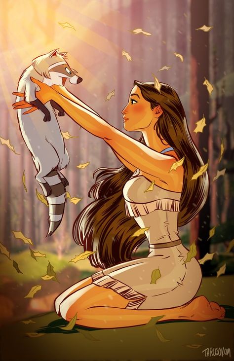 Meeko Pocahontas, Fan Art Disney, Ross Tran, Disney Mignon, Princesas Disney Anime, Disney Cuties, Kids Movies, Animation Disney, Leaves Falling