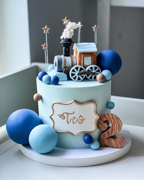 2nd Birthday Boy Cake Ideas, Blue Cake For Boys, Tort Happy Birthday Boy, Chugga Chugga Two Two 2nd Birthday Cake, Birthday Cake 1st Boy, Cake With Train, Train Cakes For Boys, Tort Baby Boy, Birthday Cake Baby Boy