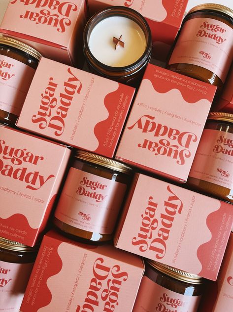 Sugar Daddy | Blow Me Candle Co. Candle Advertising Ideas, Candle Instagram Feed, Candle Ads, Candle Marketing, Candle Labels Design, Candle Obsession, Candle Brand, Dessert Candles, Candle Branding