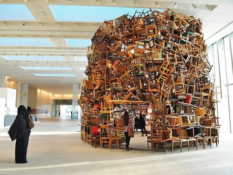 Artist Tadashi Kawamata Stacks Hundreds of Chairs Into a 20-Foot-High Sculpture | Inhabitat - Sustainable Design Innovation, Eco Architecture, Green Building Eco Architecture, Artistic Installation, Art Chair, Japan Design, Art Installations, Sculpture Installation, Japanese Artists, Public Art, Sustainable Design