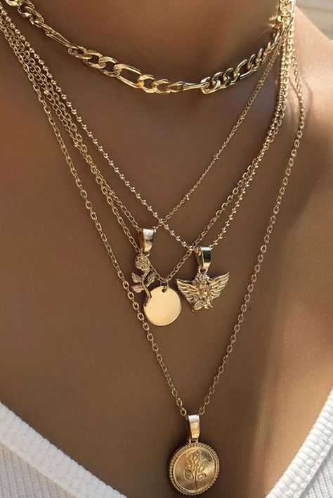 Rose & Angel Layered Necklace Multi Layered Necklace, Rosé Angel, Preppy Jewelry, Pretty Jewelry Necklaces, Multi Layer Necklace, Jewelry Accessories Ideas, Butterfly Pendant Necklace, Dope Jewelry, Estilo Punk