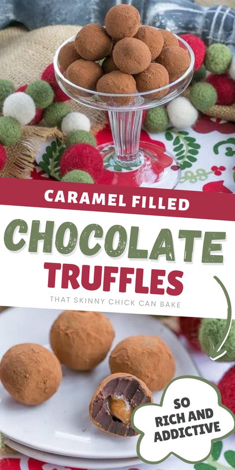 These Caramel Filled Chocolate Truffles have a sweet surprise in the center: soft vanilla caramel! An unforgettable holiday treat! These are absolutely delicious! Caramel Filled Chocolates, Chocolate Caramel Truffles, Salted Caramel Truffles, Caramel Truffles, Rum Truffles, Truffle Shuffle, Brownie Truffles, Truffle Cookies, Caramel Truffle