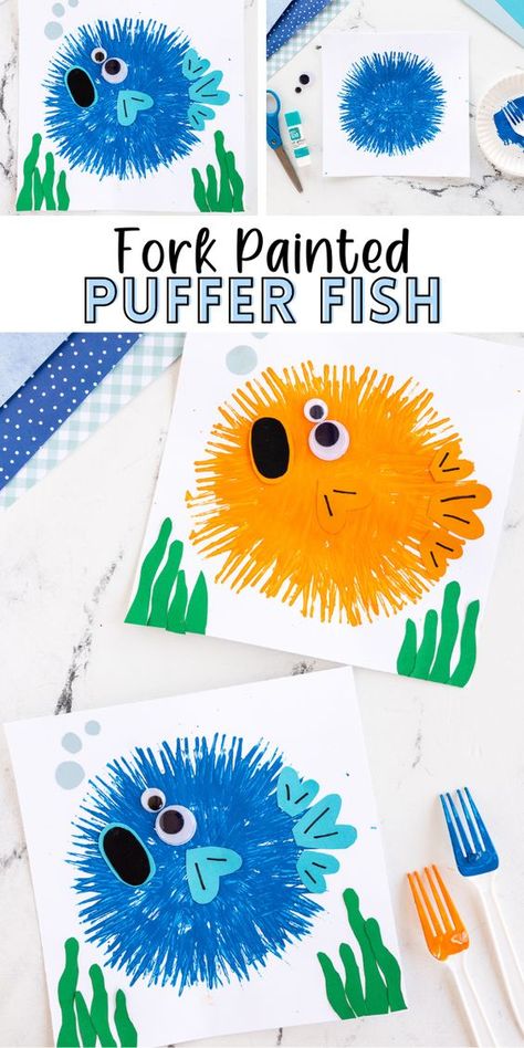 Bring a little under the sea crafting to you day and make this adorable Puffer Fish craft! All you need are simple supplies like paint, paper, and a plastic fork! Fork Puffer Fish Craft, Simple Ocean Crafts Preschool, Under The Sea Art Kindergarten, Starfish Activities For Preschool, Preschool Simple Crafts, Pufferfish Craft Preschool, Ocean Themed Preschool Crafts, Sea Animals Aesthetic Drawing, Under The Sea Infant Art