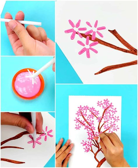 Straw Flower Painting Flower Activities For Kids, Painting Crafts For Kids, Preschool Creative Art, Straw Art, Straw Crafts, Diy Preschool, Fest Temaer, Crafts Easter, Flower Gift Ideas