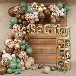 Woodland Animal Balloon Arch, Sage Green And Brown Party Decorations, Green Baby Shower Ideas For Boys, Brown Balloon Garland, Baby Shower Verde, Baby Shower Decorations Neutral, Woodland Baby Shower Decorations, Jungle Safari Party, Animals Baby Shower