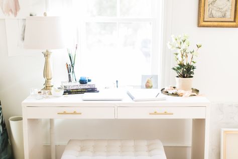 Easy Ikea Desk Hack | photo by Ruth Eileen Photography | lark & linen #diy #ikeahack #diydesk #ikeadesk Ikea Desk Hack Home Offices, Ikea Micke Desk, Ikea Office Desk, Ikea Linnmon, Ikea Micke, Micke Desk, Gold Office Decor, Ikea Desk Hack, Desk Hacks