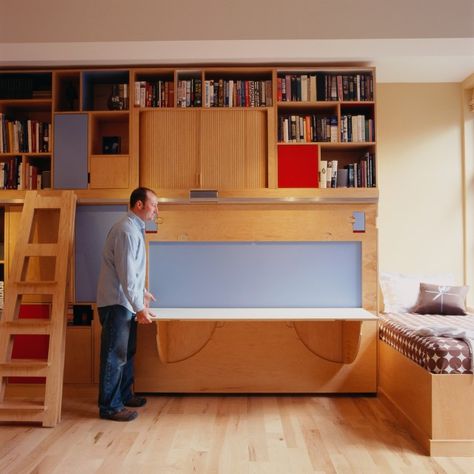 Kerf Design: : Page 3 Cool Apartment Ideas, Condo Storage, Kerf Design, Pull Out Desk, Murphy Bed Plan, Ikea Apartments, Rolling Ladder, Fold Down Desk, Murphy Bed Ikea