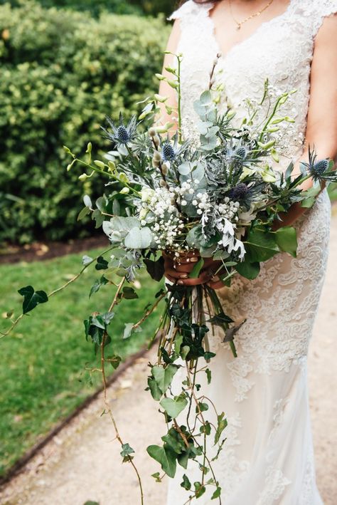 Bride with a wild floral bouquet of ivy, sea holly and gypsophila for a London wedding at Forty Hall © Jessica Grace Photography Sea Holly Bouquet Wedding, Ivy Wedding Bouquet, Botanical Wedding Bouquet, Rachael Aesthetic, Sea Holly Bouquet, Decorated Umbrella, Ivy Bouquet, Holly Bouquet, Wild Wedding Flowers