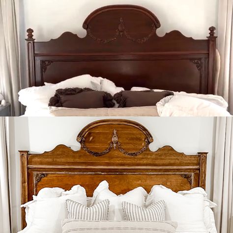 Antique Headboard Bedroom, Diy Antique Headboard, Antique Master Bed, Vintage Wood Bed, Wood Headboard Makeover, Antique Headboard Ideas, Diy Vintage Headboard, Refinished Headboard, Victorian Headboard