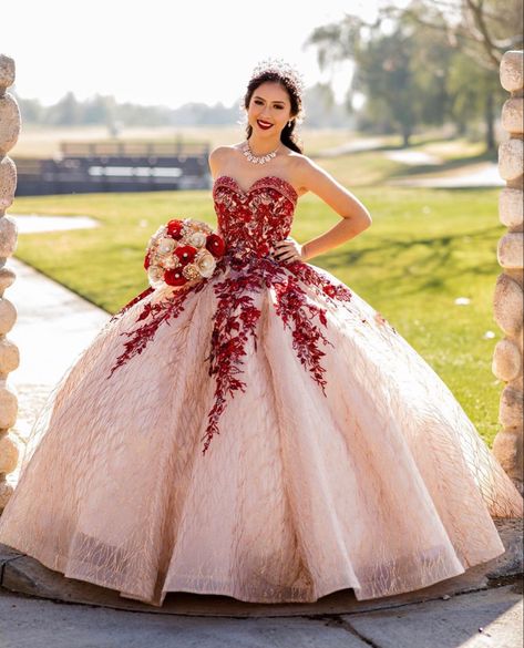 Red And Beige Quince Dress, Red White Quinceanera Dresses, Red And Champagne Quinceanera Dress, Red White And Gold Quinceanera Dress, Quince Dresses Burgundy And Gold, Red And Pink Quinceanera Dresses, Pink And Red Quinceanera Dress, Quinceanera Dresses Red And Gold, Red And Gold Quince Dress