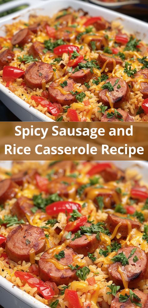 Quick and flavorful Spicy Sausage Rice Casserole recipe. Spicy Sausage Rice, Sausage Casserole Dinners, Sausage Rice Casserole, Spicy Sausage Recipes, Italian Sausage Casserole, Sausage And Rice Casserole, Sausage And Rice, Sausage Casserole Recipes, Sausage Recipes For Dinner