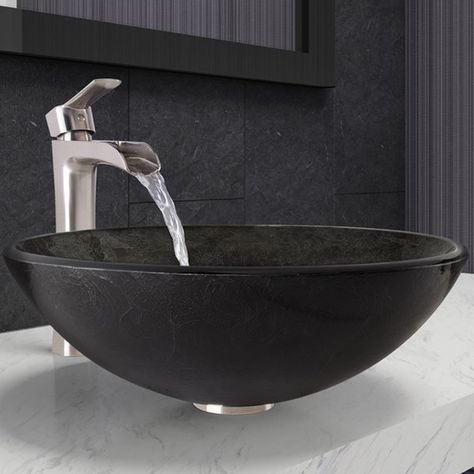 Transform your bathroom space into a modern getaway with the Circular Vessel Bathroom Sink. Paired with a Niko Vessel Faucet and matching pop-up in Brushed Nickel, it will totally transform your room. Upscale elegance is easier to attain than you think. Bathroom Sink Bowls, Oil Rubbed Bronze Faucet, Bathroom Faucets Brushed Nickel, Primitive Bathrooms, Brushed Nickel Bathroom, Lavatory Sink, Console Sinks, Glass Vessel Sinks, Vessel Faucets