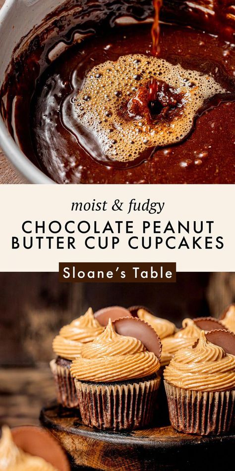 The most iconic flavor combo of all time shines in these chocolate peanut butter cup cupcakes! They feature a moist & fudgy chocolate cupcake decorated with a luscious peanut butter frosting and topped off with a peanut butter cup - a true chocolate pb dream come true. #BestHealthyFood Decorated Cupcakes Ideas, Yummy Cupcake Recipes, Peanut Butter Cup Cupcakes, Homemade Cupcake Recipes, Cookie Cupcakes, Chocolate Peanut Butter Cupcakes, Unique Cupcakes, Chocolate Peanut Butter Cups, Peanut Butter Frosting