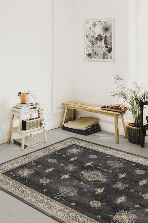 Wondering what color rug goes with grey floors? The truth is - lots of them. Grey floors are neutral and look good with most colors and materials. Dep... | Contrast Them with a Darker Color Dark Wood Rug, Wood Rug, Grey Hardwood, Grey Floor, Grey Wood Floors, Ruggable Rug, Up House, Grey Flooring, Area Rug Runners