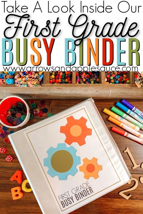 Take a look inside our first grade busy binder, packed with printable, educational, hands-on fun! #firstgradehomeschool #firstgradecurriculum #homeeducation #educationalprintables #firstgrademath #firstgradescience #learningtoread First Grade Busy Boxes, Busy Box Activities, First Grade Hands On Activities, First Grade Binder, First Grade Printables, Homeschooling First Grade, Education Printables, Printable Organizer, Activity Binder