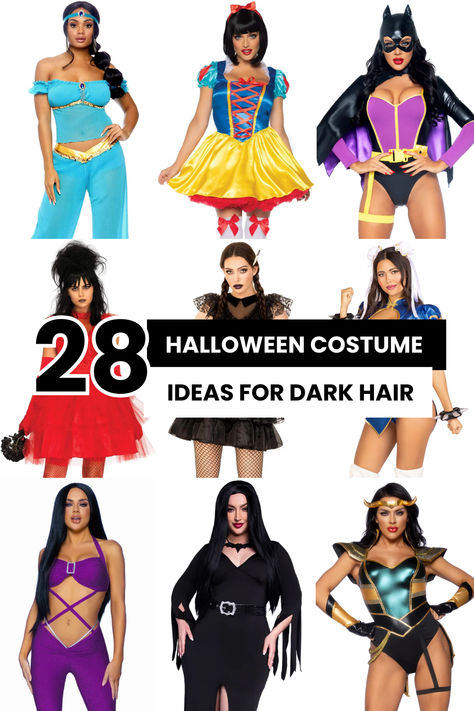 costume ideas, black hair, dark hair costume ideas, easy ideas, selena costume, lydia deetz Halloween Costumes For Black Hair Women, Women’s Halloween Costumes Black Hair, Costumes For Girls With Black Hair, Black Wig Costume Ideas, Dark Hair Costumes, Costume Ideas Black Hair, Costumes For Black Hair, Black Wig Costume, Halloween Costumes For Black Hair