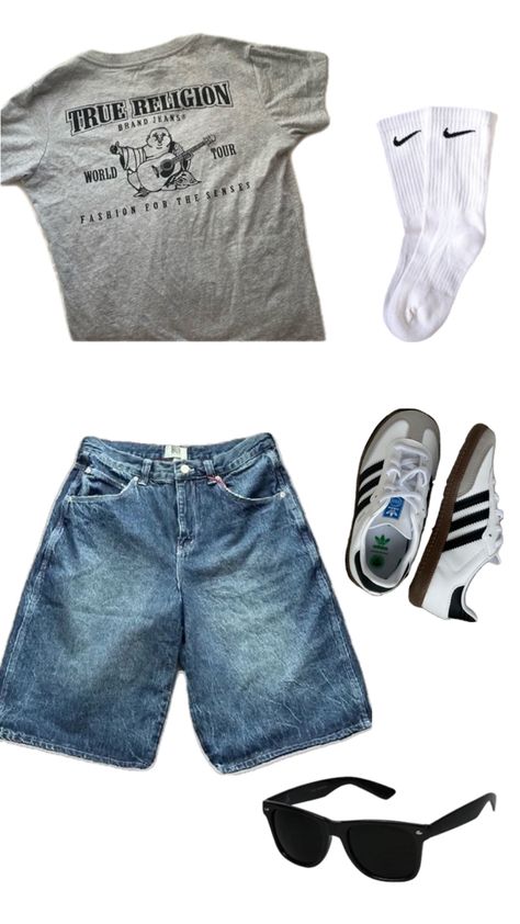 True religions grey tee women’s jorts blue adidas sambas rectangle sunglasses #sambas #truereligion Jorts Outfit, Adidas Sambas, Streetwear Clothes, Outfit Inspo Casual, Tomboy Style Outfits, Outfit Women, Rectangle Sunglasses, Tomboy Fashion, Grey Tee