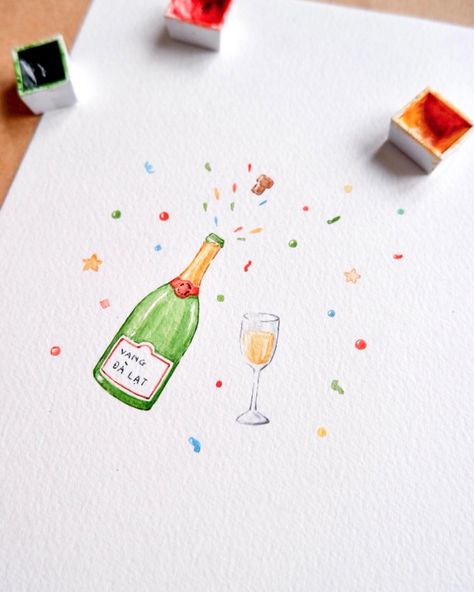 Champagne and Wine Glass Illustrated in Watercolor Do All Things With Love, Diy Holiday Cards, Handmade Invitations, Watercolor Video, Happy New Year Cards, Watercolour Inspiration, Birthday Letters, Easy Watercolor, Take Risks