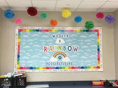 We Are A Rainbow Of Possibilities Bulletin Board, We Are A Rainbow Of Possibilities, Rainbow Of Possibilities Bulletin Board, Rainbow Of Possibilities, Class Bulletin Boards, Rainbow Board, Rainbow Room, Rainbow Theme, Classroom Setup