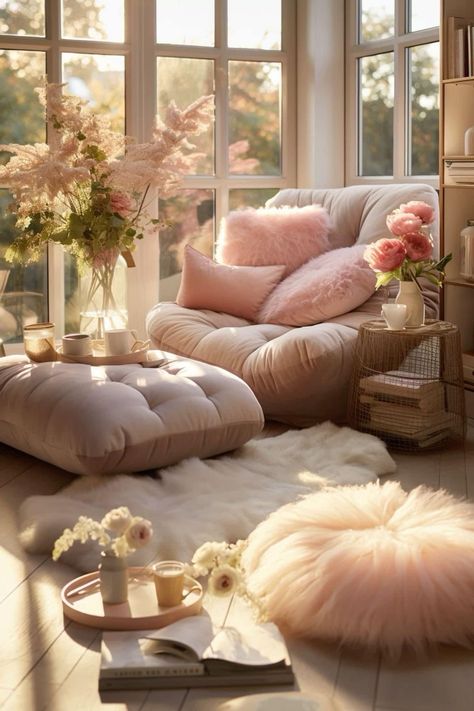 Feminine Living Room, Apt Decor, Feminine Bedroom, Cozy Reading Corners, Zen Room, Bedroom Corner, House Aesthetic, Cozy Room Decor, Spare Bedroom