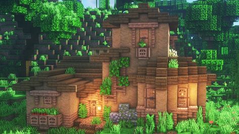 Jungle Wood House Minecraft, Wood House Minecraft, Minecraft Jungle House, Cute Minecraft, Jungle House, Minecraft House Plans, Bangunan Minecraft, Minecraft Cottage, Easy Minecraft Houses