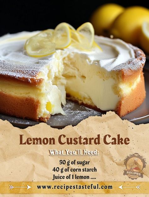 Lemon Custard Cake, Starch Foods, Lemon Custard, Custard Cake, Magic Cake, Slices Recipes, Recipe Community, Lemon Cake, Family Recipes