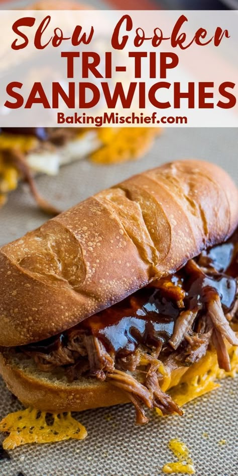 Crowd-pleasing easy Slow Cooker Tri-Tip Sandwiches you can make without having to get near a BBQ. | #SlowCookerRecipes | #SlowCooker | Slow Cooker Tri Tip, Bbq Tri Tip, Tri Tip Steak Recipes, Tritip Recipes, Baking Mischief, Tri Tip Sandwich, Easy Sandwiches, Foil Wraps, Beef Ideas