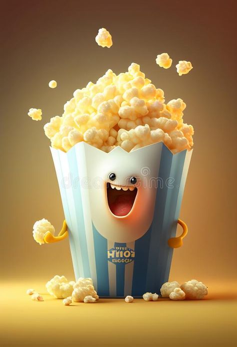 Cheerful popcorn on a yellow background. AI Generated royalty free stock images Popcorn Creative Ads, Popcorn Ads, Popcorn Images, Popcorn Illustration, Popcorn Packaging, Salty Popcorn, Vector Typography, Creative Ads, Pretzels