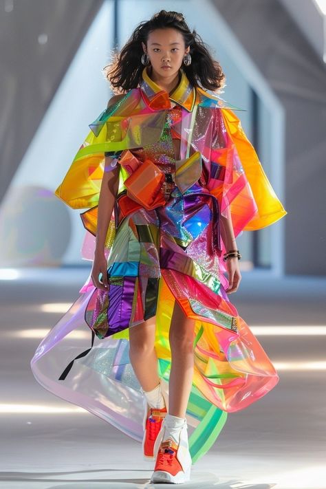 Futuristic Female Model in Avant-Garde Holographic Fashion #FuturisticFashion #AvantGarde #HolographicStyle #GeometricShapes #VibrantColors #RunwayFashion #FashionModel #BoldDesign #FashionInspo #StyleInspiration #OOTD #Fashionista #Trendsetter Avant Guard Fashion, Junk Kouture, Avant Garde Outfit, Holographic Fashion, Avant Guard, Extreme Fashion, Futuristic Fashion, Avant Garde Fashion, Female Model