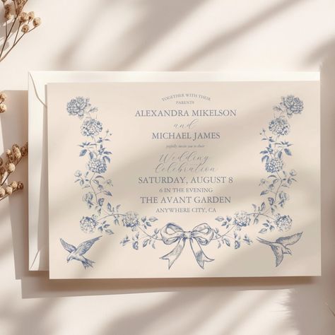 Victorian Toile French Blue Classic Wedding Invitation French Inspired Wedding Invitations, Classic Wedding Invitation Suite, Coquette Wedding Invitations, French Toile Wedding, Old Money Invitation, Vintage Wedding Details, Blue And Yellow Wedding Invitations, Wedding Invitations Aesthetic, Weddings Vibes