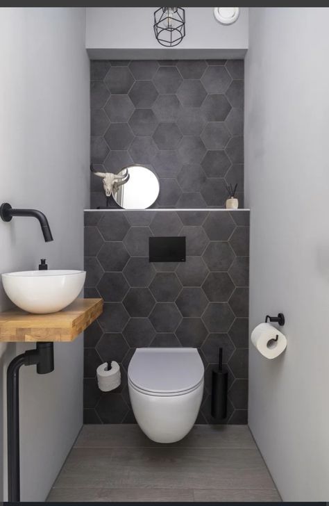 Modern Downstairs Toilet, Small Cloakroom Toilet, Toilet Makeover, Toilet Modern, Small Toilet Design, Small Downstairs Toilet, Bathroom Under Stairs, Toilet Room Decor, Bilik Air