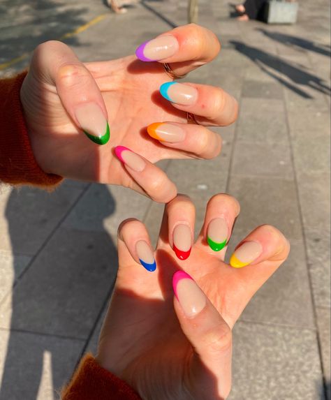 Multicoloured Nails, Colored French Nails, Nails Galaxy, Moodboard Wallpaper, Ongles Gel French, Multicolored Nails, Colour Tip Nails, French Polish, Minimal Nails