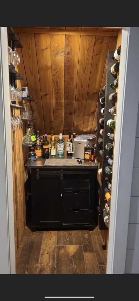 Under Stairs Closet Bar Ideas, Under Stair Liquor Storage, Under Stairs Speakeasy, Under Stair Bar Basement, Liquor Closet Under Stairs, Under Stairwell Pantry, Bourbon Closet Ideas, Under The Stairs Bar Ideas, Under Stair Wine Cellar