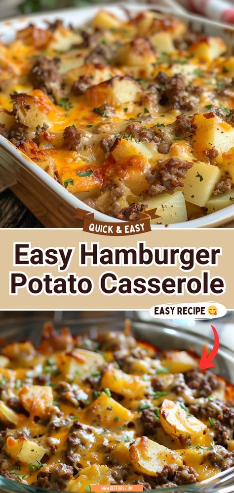 Serve this heartwarming casserole straight from the oven and watch as it becomes a new favorite in your family’s recipe collection. Enjoy the blend of creamy, cheesy goodness with every forkful! #ComfortFoodClassics #FamilyMealIdeas #HeartyCasserole Healthy Dinner Recipes With Potatoes, Cowboy Potato Casserole, Potatoes And Hamburger Meat, Crazy Dinner Ideas, Cheeseburger Potato Casserole, Meals With Potatoes Dinners, Stomach Friendly Dinner, Easy Hamburger Potato Casserole, Hamburger Potatoes Casserole