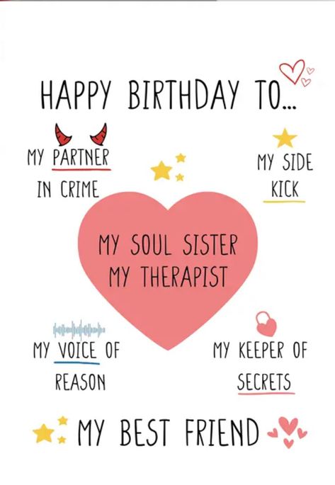 Funny Bday Quotes For Friends, Happy Birthday To My Best Friend Funny, Younger Sister Birthday Quotes Funny, Happy Birthday Friend Girlfriends, Bff Birthday Wishes, Happy Bday Bestie, Self Birthday Wishes, Funny Birthday Wishes For Best Friend, Happy Birthday Soul Sister