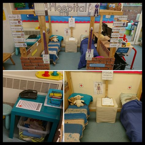 Hospital role play/home corner. People who help us. EYFS, Reception. My Body Topic Eyfs, Early Years People Who Help Us Activities, Doctors Surgery Role Play Eyfs, Role Play Corner Ideas, People Who Help Us Role Play, Doctors Role Play Area Eyfs, Eyfs Role Play Ideas, Hospital Role Play Area Eyfs, Doctors Eyfs Activities