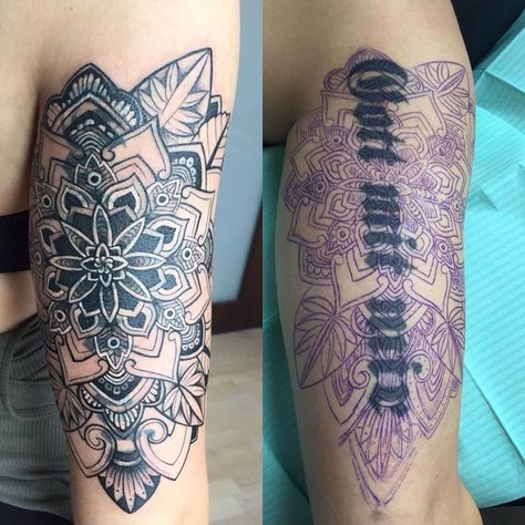 #tattoo #entertainment #theawesomedaily Do It Yourself Tattoo, Arm Cover Up Tattoos, Tato Mandala, Tatuaje Cover Up, Wörter Tattoos, Mangas Tattoo, Best Cover Up Tattoos, Black Tattoo Cover Up, Female Tattoos