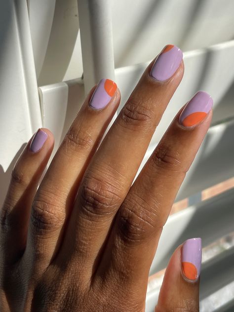 Lilac And Coral Nails, Lilac Orange Nails, Orange And Lavender Nails, Lavender Orange Nails, Orange And Lilac Nails, Orange And Purple Nails Ideas, Lavender And Orange Nails, Nail Art Two Colors, Orange Pink Yellow Nails