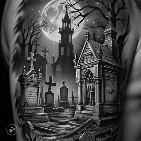 Graveyard Back Tattoo, Cemetery Tattoo Ideas, Grave Yard Tattoos, Grave Yard Drawing, Graveyard Tattoo Design, Graveyard Sketch, Haunted Art, Graveyard Tattoo, Haunted Graveyard