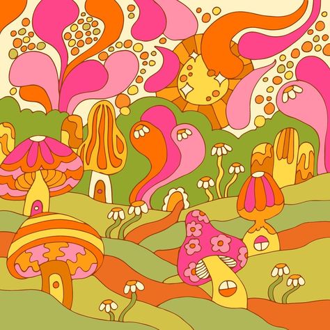 Mojo Valley on Instagram: “Mushroom Valley 🍄🌱🛖 〰️ Watching too much children’s TV again and escaping reality. Please tag me when sharing✨” Groovy Mushroom Art, Funky Mushroom Art, 70s Mushroom Art, Mushroom Mural, Call Illustration, 70s Mushroom, Mushroom Designs, 1960s Art, Escaping Reality