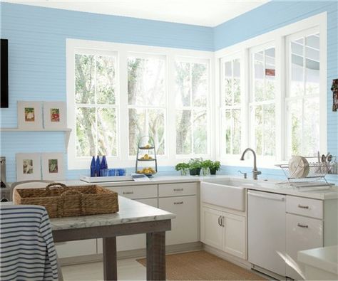 Look at the paint color combination I created with Benjamin Moore. Via @benjamin_moore. Wall: Greenhow Blue CW-655; Trim: Chantilly Lace OC-65; Ceiling: Chantilly Lace OC-65. Benjamin Moore Gray, 70s Kitchen, Simple Kitchen Remodel, Paint Store, Galley Kitchen Remodel, White Kitchen Remodeling, Diy Kitchen Remodel, Benjamin Moore Colors, Green Paint Colors